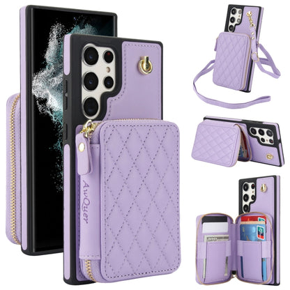 For Samsung Galaxy S24 Ultra 5G AwQuer Crossbody Zipper Wallet Rhombic Leather Back Phone Case(Purple) - Galaxy S24 Ultra 5G Cases by Awquer | Online Shopping UK | buy2fix
