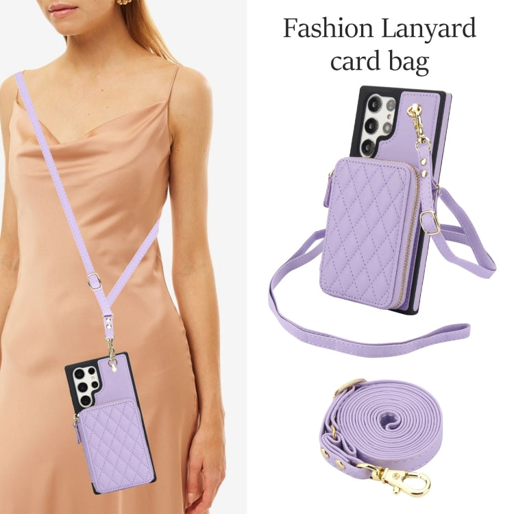 For Samsung Galaxy S24 Ultra 5G AwQuer Crossbody Zipper Wallet Rhombic Leather Back Phone Case(Purple) - Galaxy S24 Ultra 5G Cases by Awquer | Online Shopping UK | buy2fix