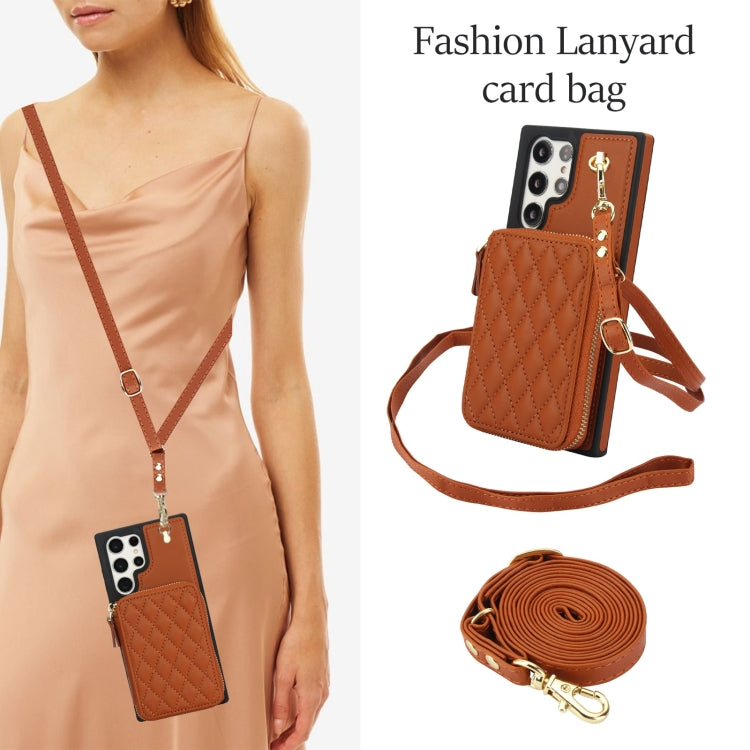 For Samsung Galaxy S24 Ultra 5G AwQuer Crossbody Zipper Wallet Rhombic Leather Back Phone Case(Brown) - Galaxy S24 Ultra 5G Cases by Awquer | Online Shopping UK | buy2fix