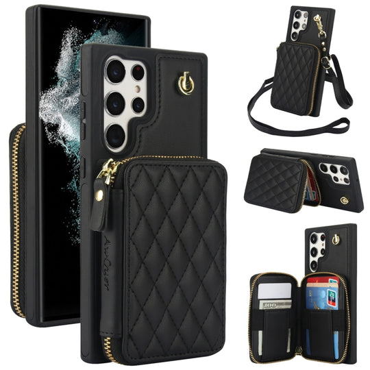 For Samsung Galaxy S23 Ultra 5G AwQuer Crossbody Zipper Wallet Rhombic Leather Back Phone Case(Black)