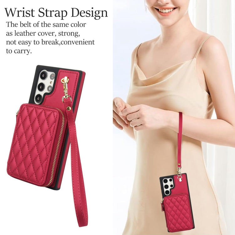 For Samsung Galaxy S23 Ultra 5G AwQuer Crossbody Zipper Wallet Rhombic Leather Back Phone Case(Red) - Galaxy S23 Ultra 5G Cases by Awquer | Online Shopping UK | buy2fix