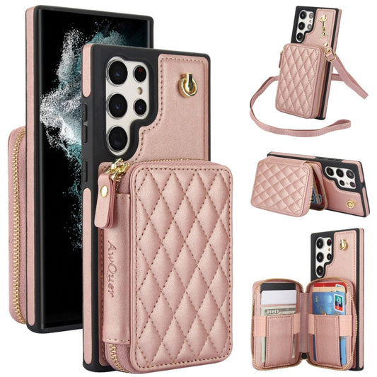 For Samsung Galaxy S23 Ultra 5G AwQuer Crossbody Zipper Wallet Rhombic Leather Back Phone Case(Rose Gold) - Galaxy S23 Ultra 5G Cases by Awquer | Online Shopping UK | buy2fix