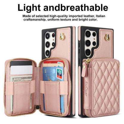 For Samsung Galaxy S23 Ultra 5G AwQuer Crossbody Zipper Wallet Rhombic Leather Back Phone Case(Rose Gold) - Galaxy S23 Ultra 5G Cases by Awquer | Online Shopping UK | buy2fix