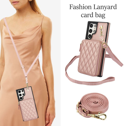 For Samsung Galaxy S23 Ultra 5G AwQuer Crossbody Zipper Wallet Rhombic Leather Back Phone Case(Rose Gold) - Galaxy S23 Ultra 5G Cases by Awquer | Online Shopping UK | buy2fix
