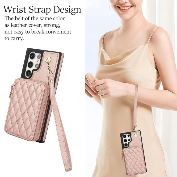 For Samsung Galaxy S23 Ultra 5G AwQuer Crossbody Zipper Wallet Rhombic Leather Back Phone Case(Rose Gold) - Galaxy S23 Ultra 5G Cases by Awquer | Online Shopping UK | buy2fix