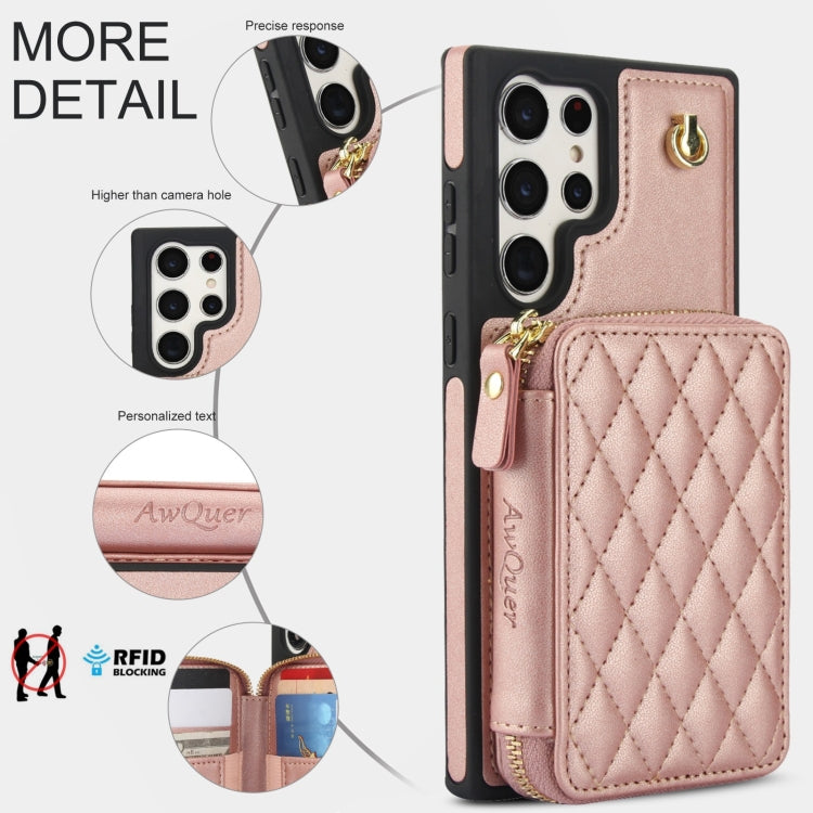 For Samsung Galaxy S23 Ultra 5G AwQuer Crossbody Zipper Wallet Rhombic Leather Back Phone Case(Rose Gold) - Galaxy S23 Ultra 5G Cases by Awquer | Online Shopping UK | buy2fix