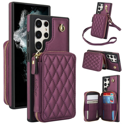 For Samsung Galaxy S23 Ultra 5G AwQuer Crossbody Zipper Wallet Rhombic Leather Back Phone Case(Dark Purple) - Galaxy S23 Ultra 5G Cases by Awquer | Online Shopping UK | buy2fix