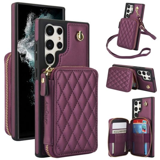 For Samsung Galaxy S23 Ultra 5G AwQuer Crossbody Zipper Wallet Rhombic Leather Back Phone Case(Dark Purple) - Galaxy S23 Ultra 5G Cases by Awquer | Online Shopping UK | buy2fix