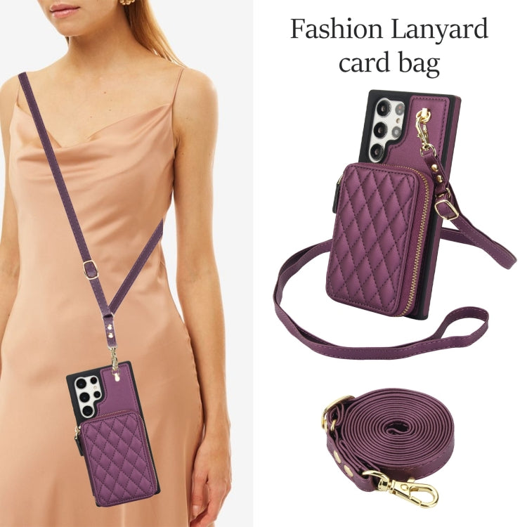 For Samsung Galaxy S23 Ultra 5G AwQuer Crossbody Zipper Wallet Rhombic Leather Back Phone Case(Dark Purple) - Galaxy S23 Ultra 5G Cases by Awquer | Online Shopping UK | buy2fix