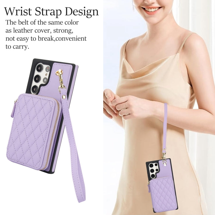 For Samsung Galaxy S23 Ultra 5G AwQuer Crossbody Zipper Wallet Rhombic Leather Back Phone Case(Purple) - Galaxy S23 Ultra 5G Cases by Awquer | Online Shopping UK | buy2fix