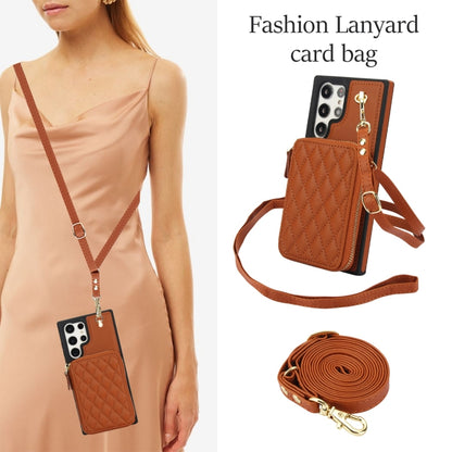 For Samsung Galaxy S23 Ultra 5G AwQuer Crossbody Zipper Wallet Rhombic Leather Back Phone Case(Brown) - Galaxy S23 Ultra 5G Cases by Awquer | Online Shopping UK | buy2fix