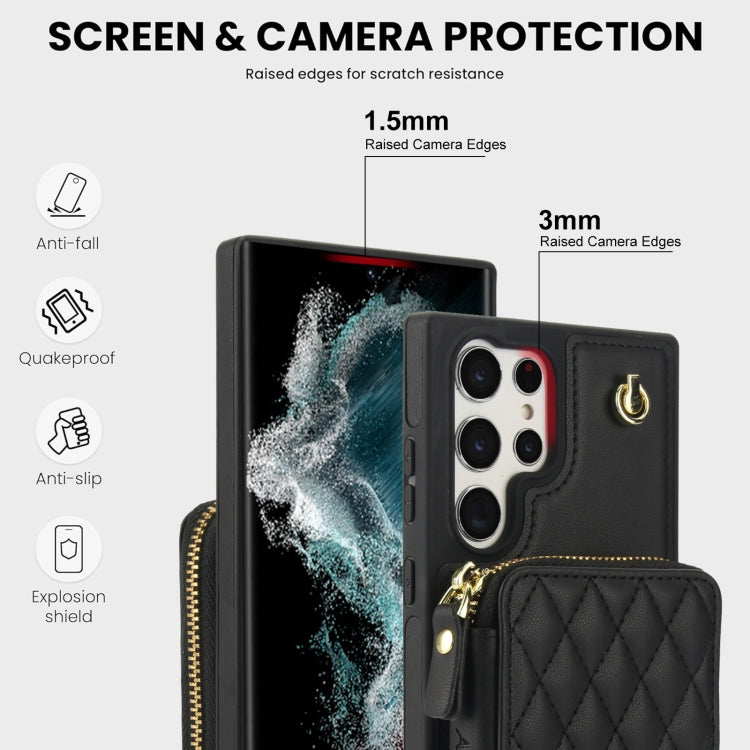 For Samsung Galaxy S22 Ultra 5G AwQuer Crossbody Zipper Wallet Rhombic Leather Back Phone Case(Black) - Galaxy S22 Ultra 5G Cases by Awquer | Online Shopping UK | buy2fix