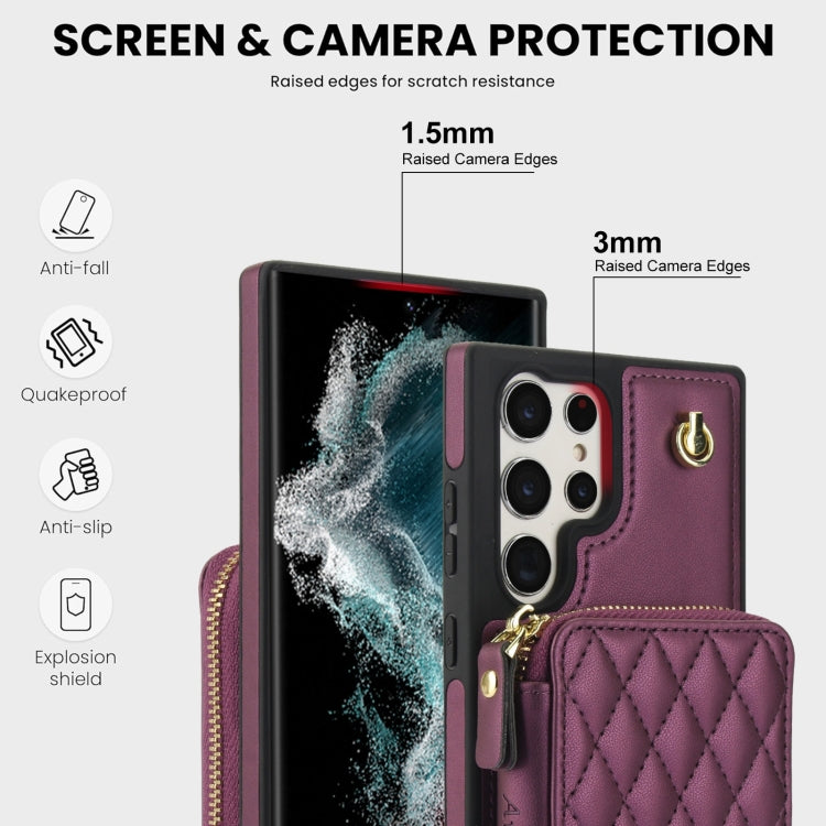 For Samsung Galaxy S22 Ultra 5G AwQuer Crossbody Zipper Wallet Rhombic Leather Back Phone Case(Dark Purple) - Galaxy S22 Ultra 5G Cases by Awquer | Online Shopping UK | buy2fix