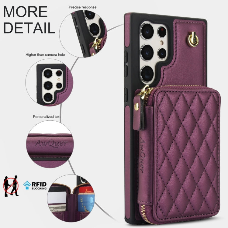 For Samsung Galaxy S22 Ultra 5G AwQuer Crossbody Zipper Wallet Rhombic Leather Back Phone Case(Dark Purple) - Galaxy S22 Ultra 5G Cases by Awquer | Online Shopping UK | buy2fix