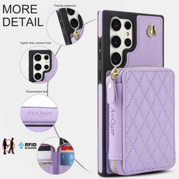 For Samsung Galaxy S22 Ultra 5G AwQuer Crossbody Zipper Wallet Rhombic Leather Back Phone Case(Purple) - Galaxy S22 Ultra 5G Cases by Awquer | Online Shopping UK | buy2fix