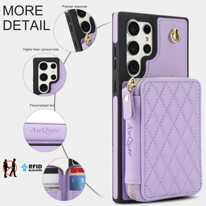 For Samsung Galaxy S22 Ultra 5G AwQuer Crossbody Zipper Wallet Rhombic Leather Back Phone Case(Purple) - Galaxy S22 Ultra 5G Cases by Awquer | Online Shopping UK | buy2fix