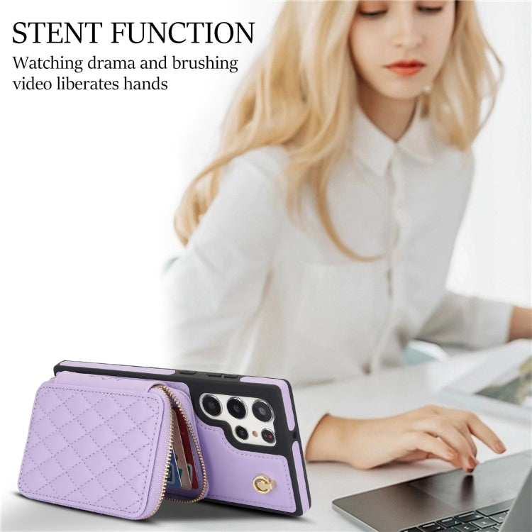 For Samsung Galaxy S22 Ultra 5G AwQuer Crossbody Zipper Wallet Rhombic Leather Back Phone Case(Purple) - Galaxy S22 Ultra 5G Cases by Awquer | Online Shopping UK | buy2fix