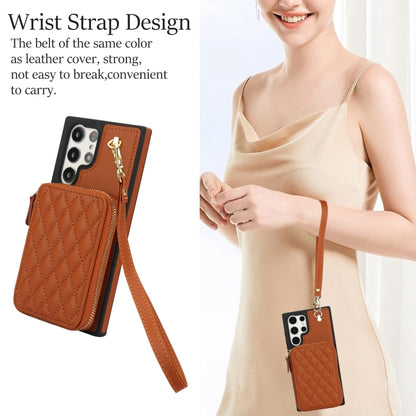 For Samsung Galaxy S22 Ultra 5G AwQuer Crossbody Zipper Wallet Rhombic Leather Back Phone Case(Brown) - Galaxy S22 Ultra 5G Cases by Awquer | Online Shopping UK | buy2fix