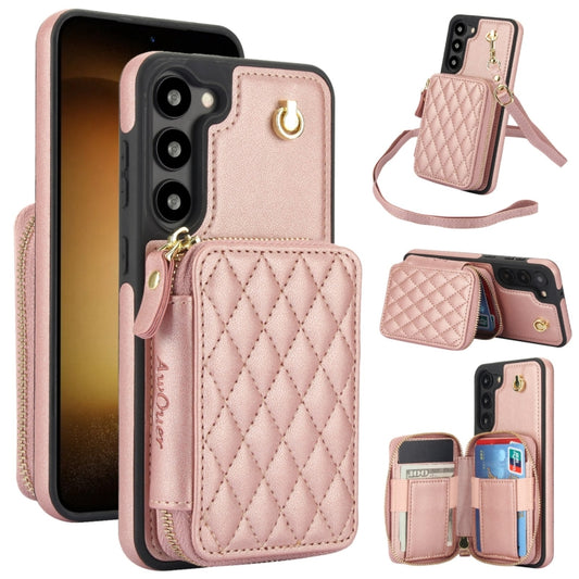 For Samsung Galaxy S23 5G AwQuer Crossbody Zipper Wallet Rhombic Leather Back Phone Case(Rose Gold) - Galaxy S23 5G Cases by Awquer | Online Shopping UK | buy2fix