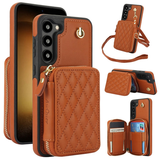 For Samsung Galaxy S23 5G AwQuer Crossbody Zipper Wallet Rhombic Leather Back Phone Case(Brown) - Galaxy S23 5G Cases by Awquer | Online Shopping UK | buy2fix
