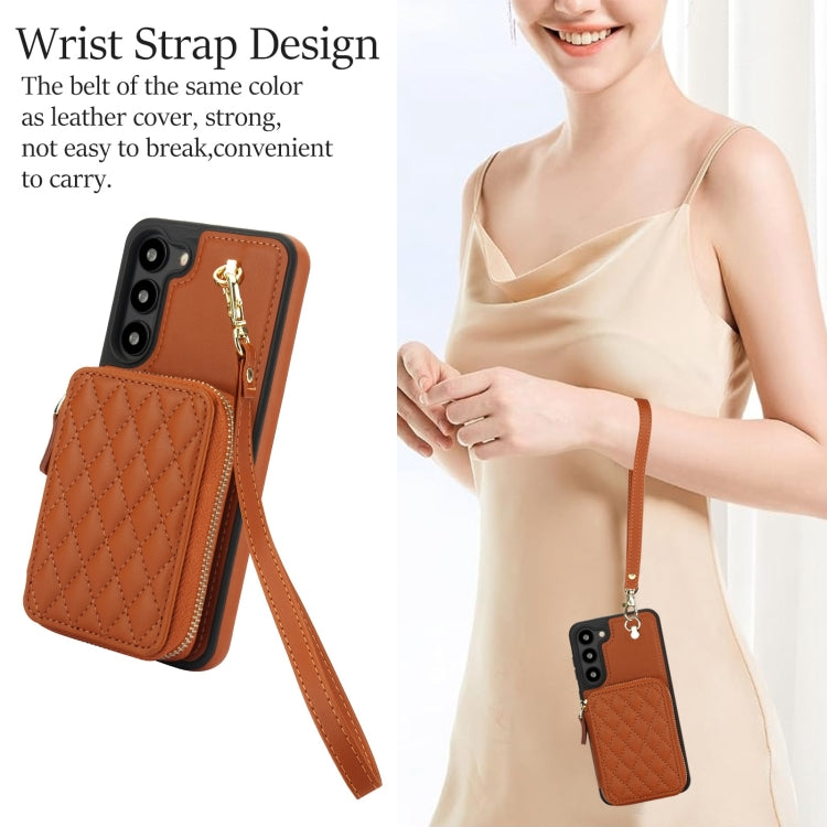 For Samsung Galaxy S23 5G AwQuer Crossbody Zipper Wallet Rhombic Leather Back Phone Case(Brown) - Galaxy S23 5G Cases by Awquer | Online Shopping UK | buy2fix