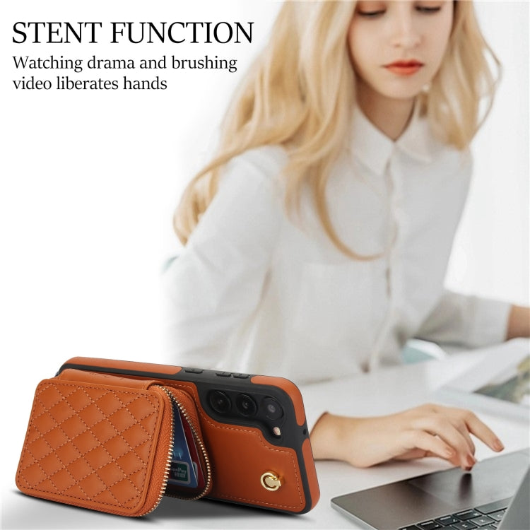 For Samsung Galaxy S23 5G AwQuer Crossbody Zipper Wallet Rhombic Leather Back Phone Case(Brown) - Galaxy S23 5G Cases by Awquer | Online Shopping UK | buy2fix