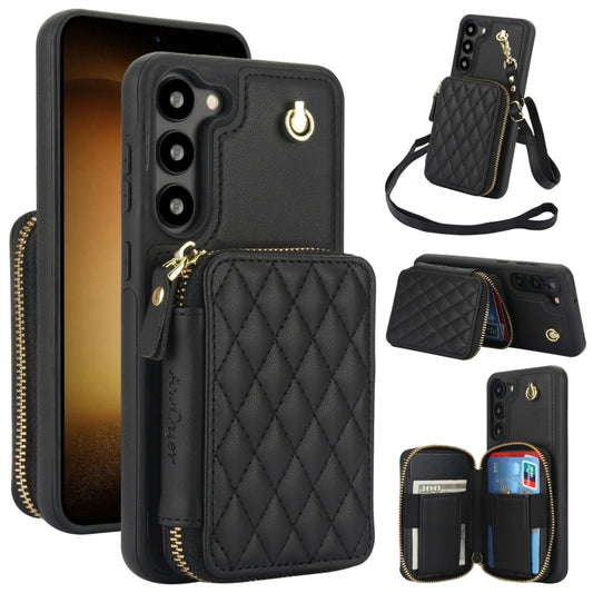 For Samsung Galaxy S23+ 5G AwQuer Crossbody Zipper Wallet Rhombic Leather Back Phone Case(Black) - Galaxy S23+ 5G Cases by Awquer | Online Shopping UK | buy2fix