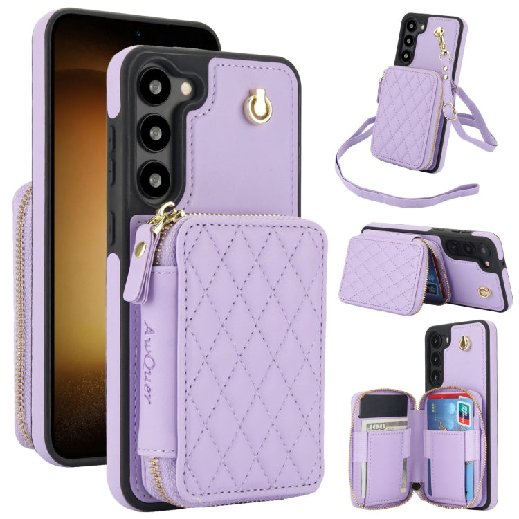 For Samsung Galaxy S23+ 5G AwQuer Crossbody Zipper Wallet Rhombic Leather Back Phone Case(Purple) - Galaxy S23+ 5G Cases by Awquer | Online Shopping UK | buy2fix