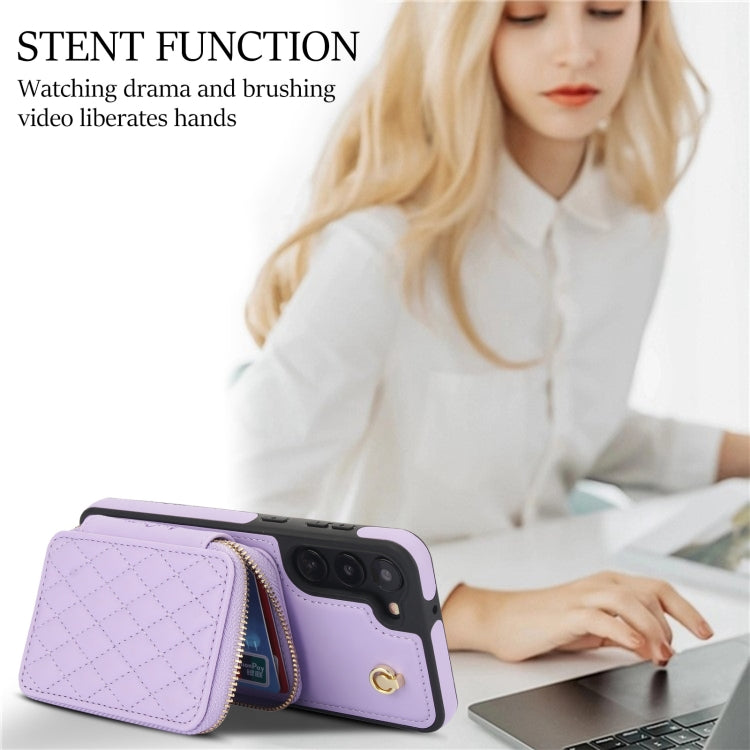 For Samsung Galaxy S23+ 5G AwQuer Crossbody Zipper Wallet Rhombic Leather Back Phone Case(Purple) - Galaxy S23+ 5G Cases by Awquer | Online Shopping UK | buy2fix