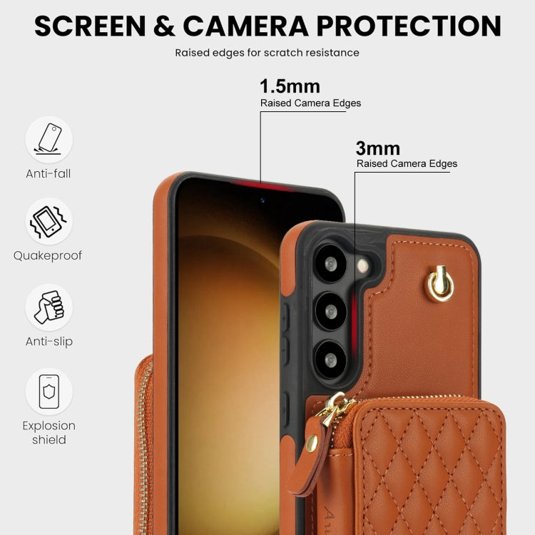 For Samsung Galaxy S23+ 5G AwQuer Crossbody Zipper Wallet Rhombic Leather Back Phone Case(Brown) - Galaxy S23+ 5G Cases by Awquer | Online Shopping UK | buy2fix