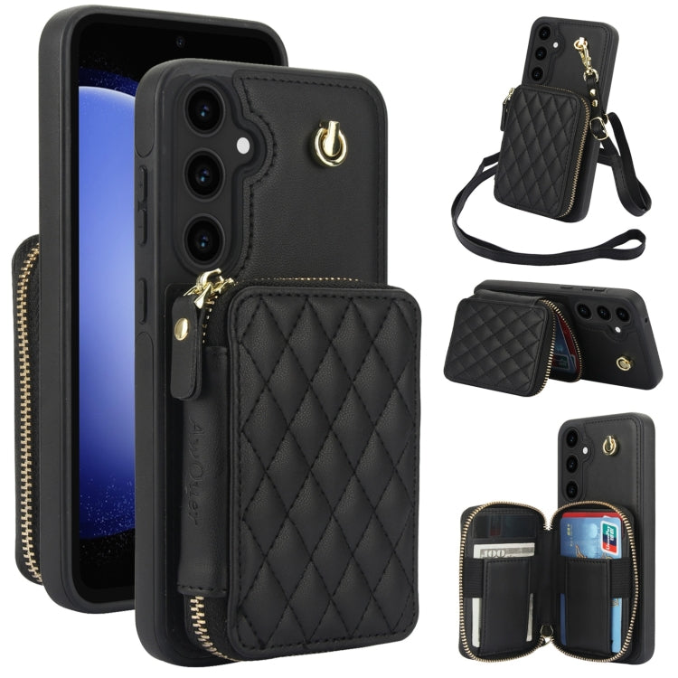 For Samsung Galaxy S23 FE 5G AwQuer Crossbody Zipper Wallet Rhombic Leather Back Phone Case(Black) - Galaxy S23 FE 5G Cases by Awquer | Online Shopping UK | buy2fix