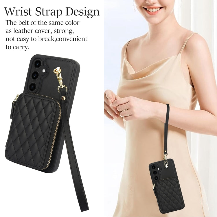 For Samsung Galaxy S23 FE 5G AwQuer Crossbody Zipper Wallet Rhombic Leather Back Phone Case(Black) - Galaxy S23 FE 5G Cases by Awquer | Online Shopping UK | buy2fix