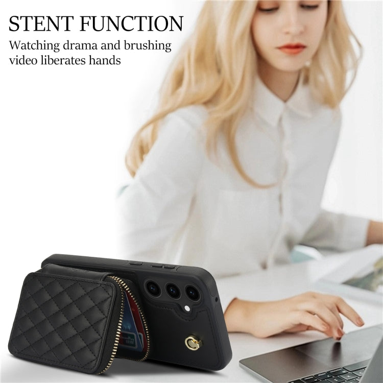 For Samsung Galaxy S23 FE 5G AwQuer Crossbody Zipper Wallet Rhombic Leather Back Phone Case(Black) - Galaxy S23 FE 5G Cases by Awquer | Online Shopping UK | buy2fix