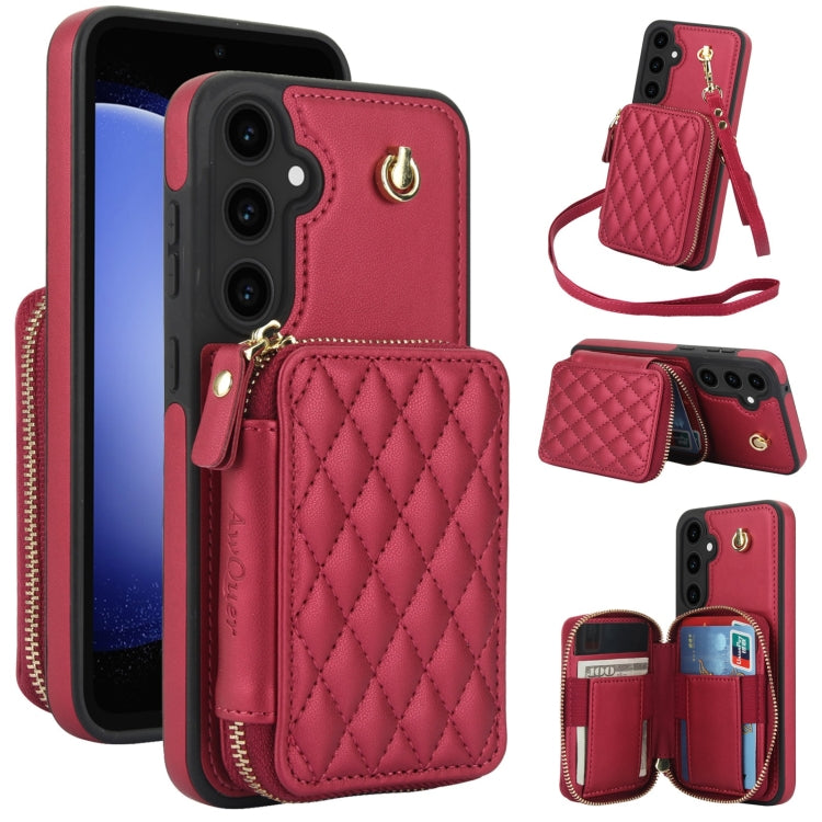 For Samsung Galaxy S23 FE 5G AwQuer Crossbody Zipper Wallet Rhombic Leather Back Phone Case(Red) - Galaxy S23 FE 5G Cases by Awquer | Online Shopping UK | buy2fix