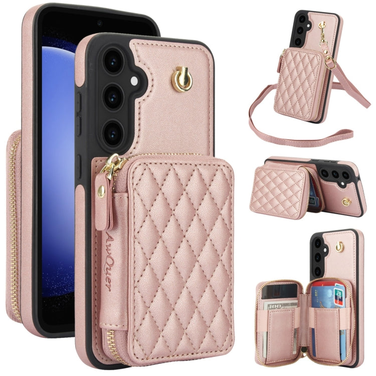 For Samsung Galaxy S23 FE 5G AwQuer Crossbody Zipper Wallet Rhombic Leather Back Phone Case(Rose Gold) - Galaxy S23 FE 5G Cases by Awquer | Online Shopping UK | buy2fix