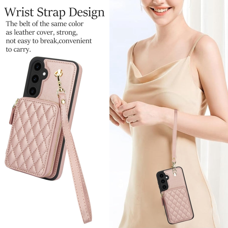 For Samsung Galaxy S23 FE 5G AwQuer Crossbody Zipper Wallet Rhombic Leather Back Phone Case(Rose Gold) - Galaxy S23 FE 5G Cases by Awquer | Online Shopping UK | buy2fix