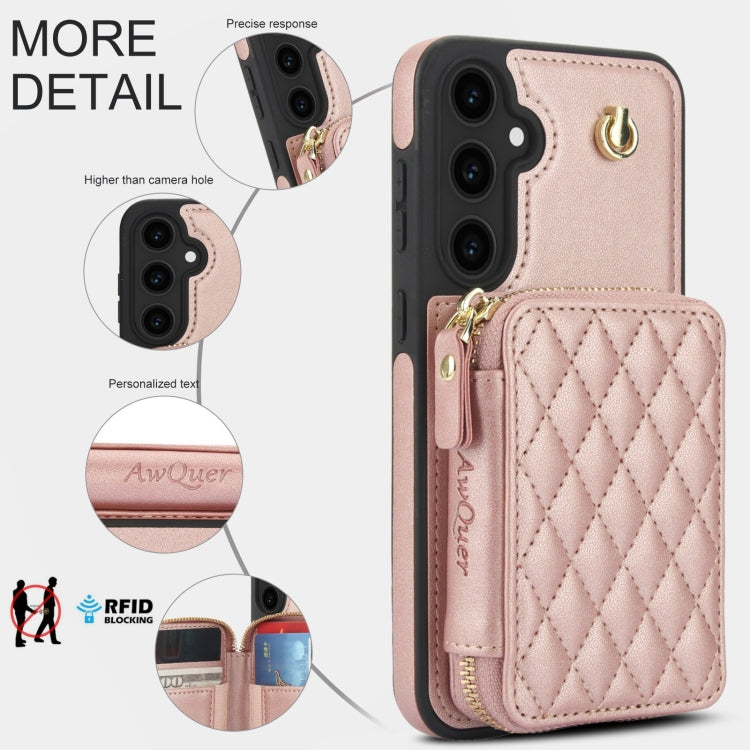 For Samsung Galaxy S23 FE 5G AwQuer Crossbody Zipper Wallet Rhombic Leather Back Phone Case(Rose Gold) - Galaxy S23 FE 5G Cases by Awquer | Online Shopping UK | buy2fix