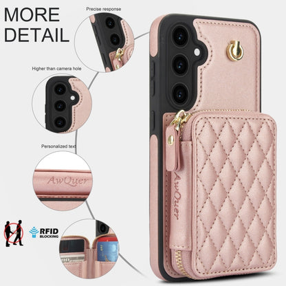 For Samsung Galaxy S23 FE 5G AwQuer Crossbody Zipper Wallet Rhombic Leather Back Phone Case(Rose Gold) - Galaxy S23 FE 5G Cases by Awquer | Online Shopping UK | buy2fix
