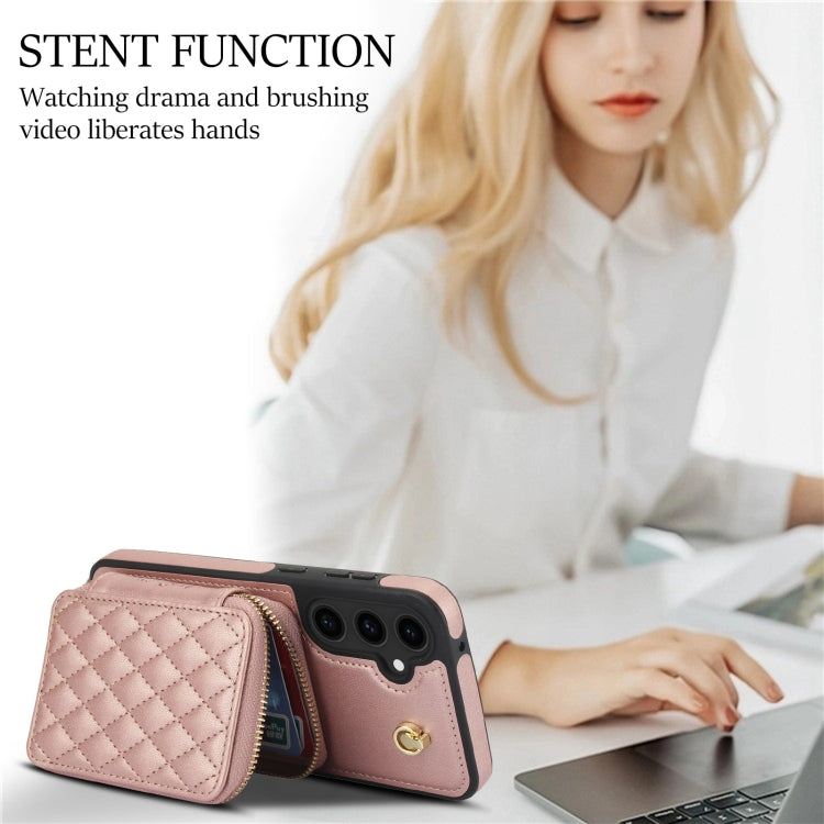 For Samsung Galaxy S23 FE 5G AwQuer Crossbody Zipper Wallet Rhombic Leather Back Phone Case(Rose Gold) - Galaxy S23 FE 5G Cases by Awquer | Online Shopping UK | buy2fix