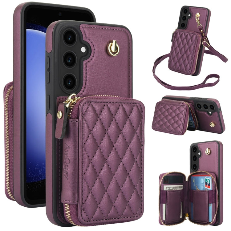 For Samsung Galaxy S23 FE 5G AwQuer Crossbody Zipper Wallet Rhombic Leather Back Phone Case(Dark Purple) - Galaxy S23 FE 5G Cases by Awquer | Online Shopping UK | buy2fix