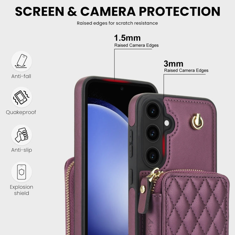 For Samsung Galaxy S23 FE 5G AwQuer Crossbody Zipper Wallet Rhombic Leather Back Phone Case(Dark Purple) - Galaxy S23 FE 5G Cases by Awquer | Online Shopping UK | buy2fix
