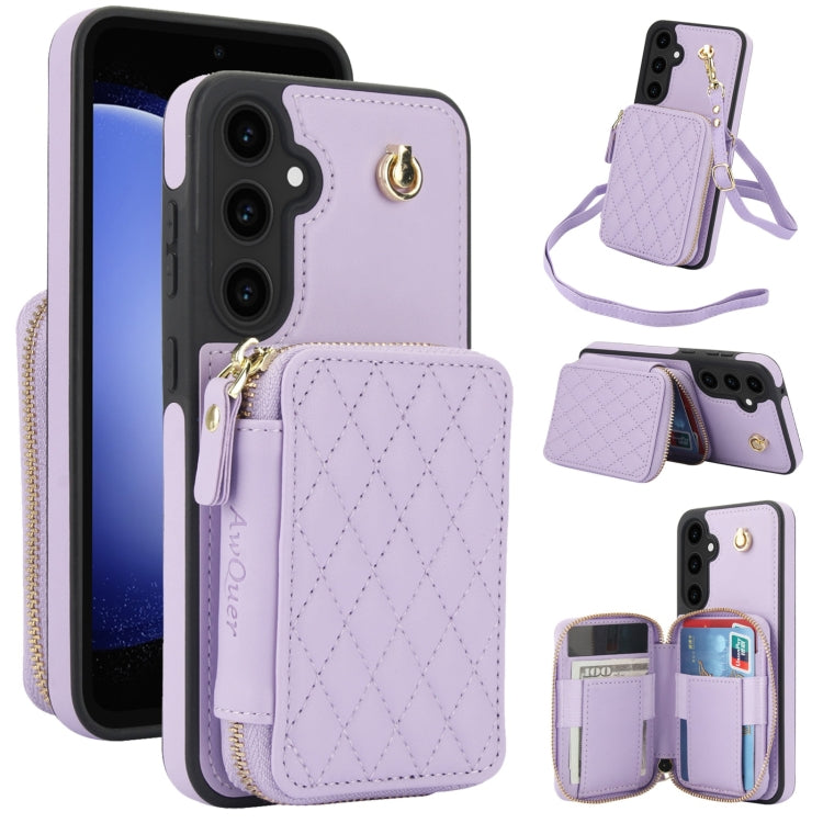 For Samsung Galaxy S23 FE 5G AwQuer Crossbody Zipper Wallet Rhombic Leather Back Phone Case(Purple) - Galaxy S23 FE 5G Cases by Awquer | Online Shopping UK | buy2fix