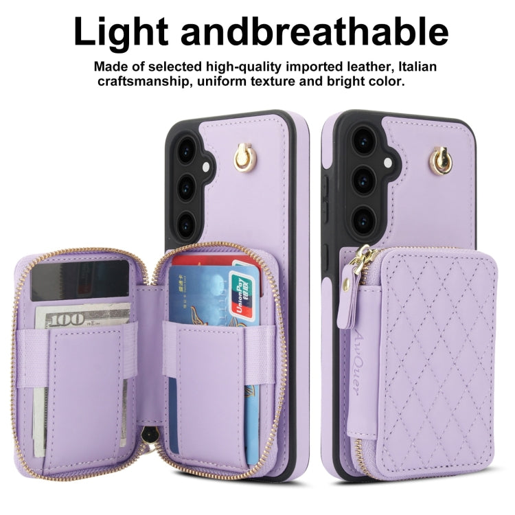 For Samsung Galaxy S23 FE 5G AwQuer Crossbody Zipper Wallet Rhombic Leather Back Phone Case(Purple) - Galaxy S23 FE 5G Cases by Awquer | Online Shopping UK | buy2fix