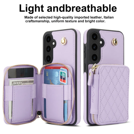 For Samsung Galaxy S23 FE 5G AwQuer Crossbody Zipper Wallet Rhombic Leather Back Phone Case(Purple) - Galaxy S23 FE 5G Cases by Awquer | Online Shopping UK | buy2fix