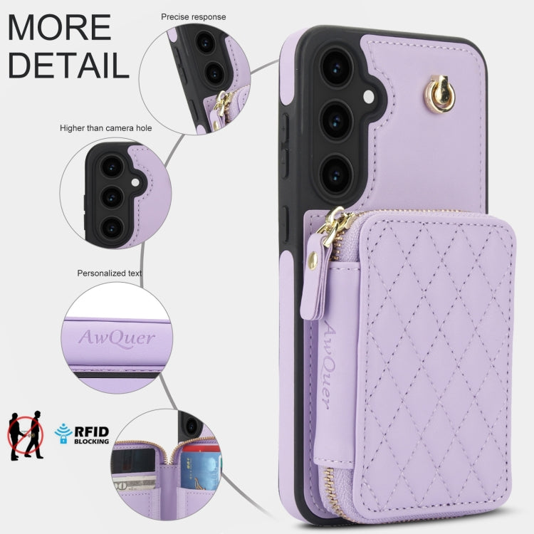 For Samsung Galaxy S23 FE 5G AwQuer Crossbody Zipper Wallet Rhombic Leather Back Phone Case(Purple) - Galaxy S23 FE 5G Cases by Awquer | Online Shopping UK | buy2fix