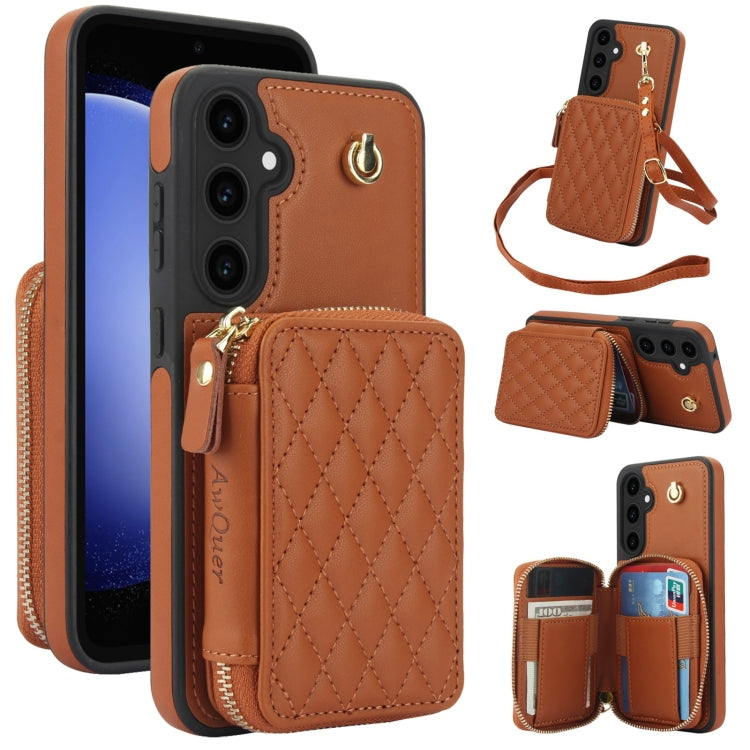 For Samsung Galaxy S23 FE 5G AwQuer Crossbody Zipper Wallet Rhombic Leather Back Phone Case(Brown) - Galaxy S23 FE 5G Cases by Awquer | Online Shopping UK | buy2fix