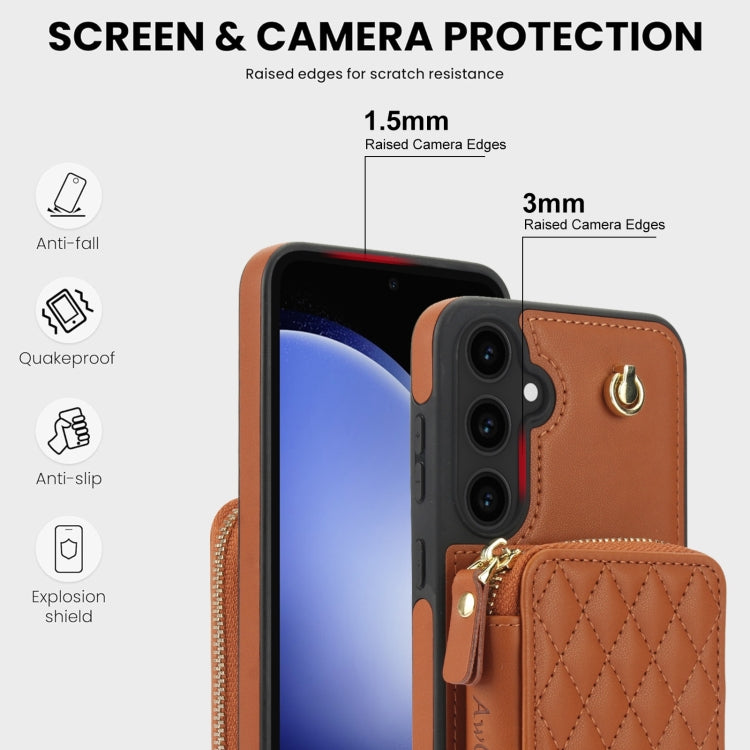 For Samsung Galaxy S23 FE 5G AwQuer Crossbody Zipper Wallet Rhombic Leather Back Phone Case(Brown) - Galaxy S23 FE 5G Cases by Awquer | Online Shopping UK | buy2fix