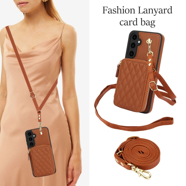 For Samsung Galaxy S23 FE 5G AwQuer Crossbody Zipper Wallet Rhombic Leather Back Phone Case(Brown) - Galaxy S23 FE 5G Cases by Awquer | Online Shopping UK | buy2fix