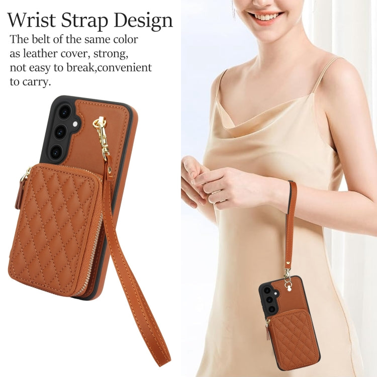 For Samsung Galaxy S23 FE 5G AwQuer Crossbody Zipper Wallet Rhombic Leather Back Phone Case(Brown) - Galaxy S23 FE 5G Cases by Awquer | Online Shopping UK | buy2fix