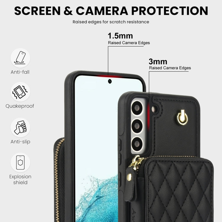 For Samsung Galaxy S22 5G AwQuer Crossbody Zipper Wallet Rhombic Leather Back Phone Case(Black) - Galaxy S22 5G Cases by Awquer | Online Shopping UK | buy2fix